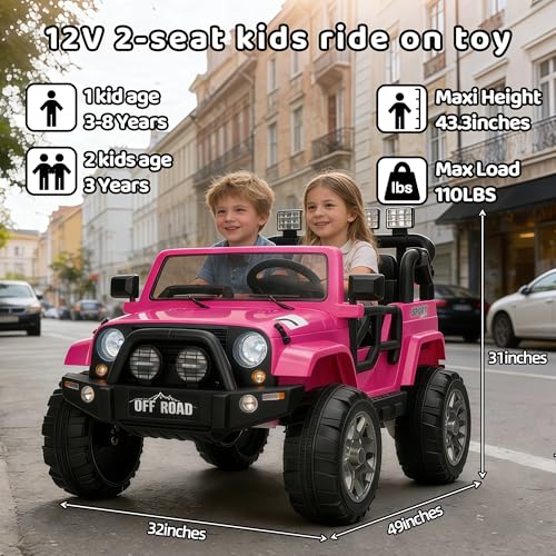 Image of 12V 2-Seat Electric Car for Kids, Ride on Toy for Big Kids 3-8, Battery Powered Ride on Car with Remote Control, LED Light, Music (Pink)