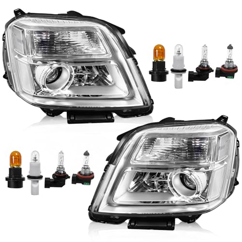 Headlight Assembly with Bulbs Compatible with GMC Terrain 2010 2011 2012 2013 2014 2015 Halogen Headlamp Replacement for 84791974 84791975 Left and Right Side Chrome Housing White Reflector