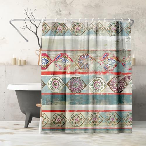 Americanflat 71x74 Boho Shower Curtain - Water-Resistant Long Shower Curtain with Durable Metal Grommets and 12 Hooks - 100% Polyester - Turquoise, Rust Red, Magenta and Olive Green