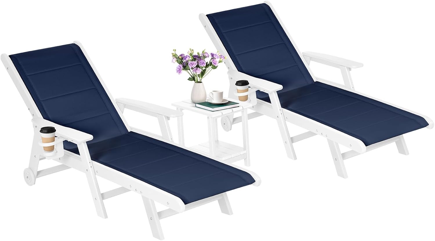 Outdoor Chaise Lounge Chair with Table Set of 3, 5-Position Adjustable Patio Lounge Chair with Wheels & Cup Holder, HDPE Pool Lounge Chair for Outside, Poolside & Beach (Dark Blue+White)
