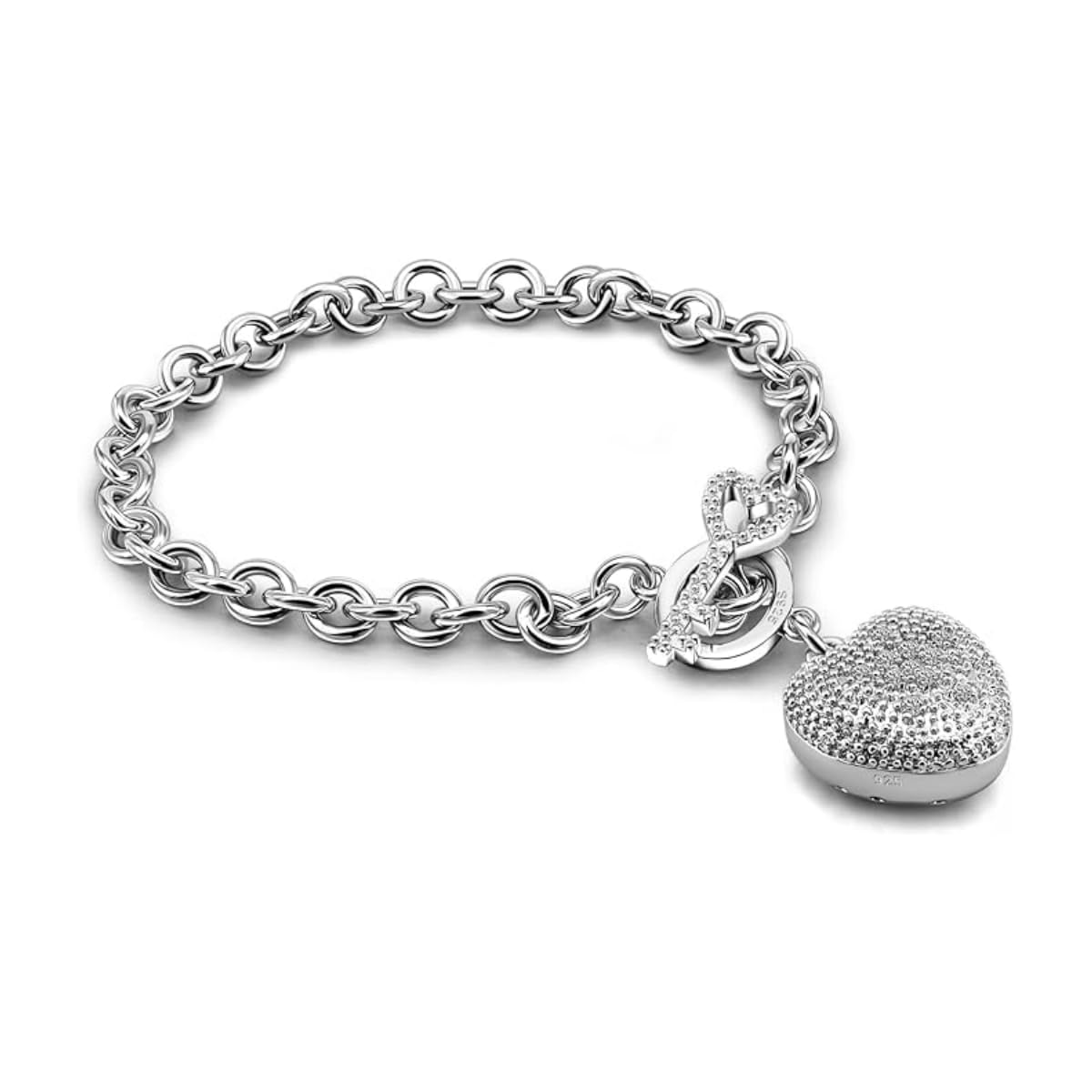 Dankadi Bracciale largo 6 mm con ornamento grande cuore scavato 2 cm e chiave luminosa, catena a maglie in argento 925, amore a cerchio con ciondolo chiave regalo di gioielli per festa elegante da