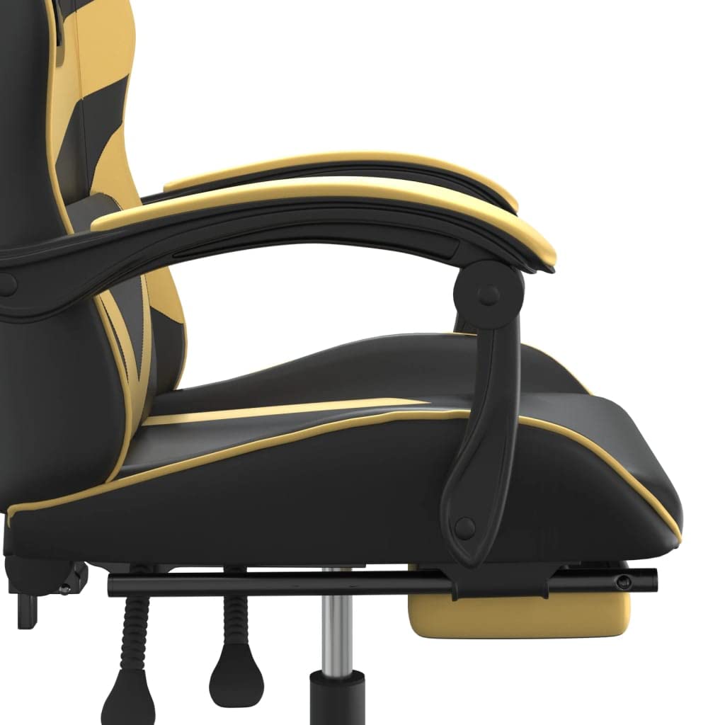 Drehbarer Gaming-Stuhl mit Fußstütze und Kissen aus Kunstleder in Schwarz & Golden, verstellbare Rückenlehne und Höhe, 360° drehbar, Robustes Metallgestell, max. 110 kg