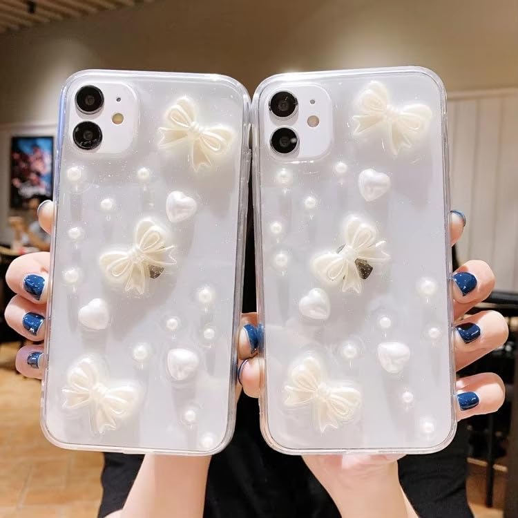 Image of COVERLY for iPhone 12 Pro 3D Luxury Bow Knot Resin Phone Case,Trendy Translucent Cute Hard Epoxy Art Crystal Clear -Non Yellowing Love Heart Embossed Pearl Princess Cover for Apple iPhone 12 Pro