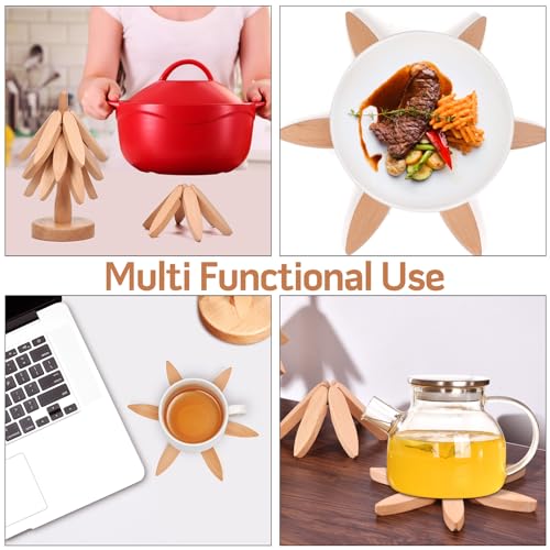 Wooden Trivets for Hot Dishes,Trivets for Hot Pots and Pans,Hot Pads for Table,Tree Coasters Set of 5(5 Trivits+1 Stand)