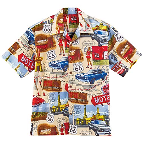 David Carey Chevy Route 66 Camp Shirt â€“ Retro Inspired â€“ Button Up Collared Short Sleeve Tan Club Shirt, XL