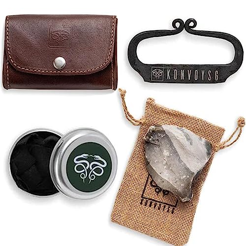 Carbon Steel Fire Striker, English Flint Stone & Char Cloth Traditional Hand Forged Fire Starter, Leather Gift Kit with Emergency Tinder Jute Bag