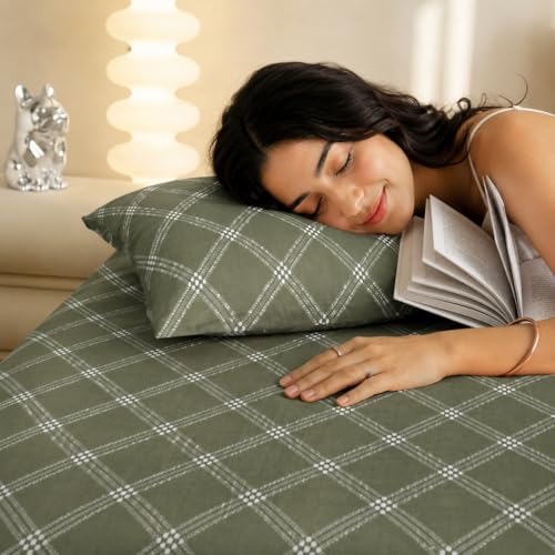 Image of RD TREND Cloud Cotton Double Bed Bedsheet-90x100 Inches with 2 Matching Pillow Covers (18x28Inch | Queen Size Bed Sheet 210 TC Soft & Breathable | (Lines-Green)