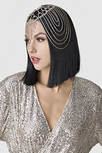 Babeyond Vintage Style Roaring 20S Crystal Rhinestone Flapper Cap Headpiece Head Jewelry Chains (Gold) #TOP2