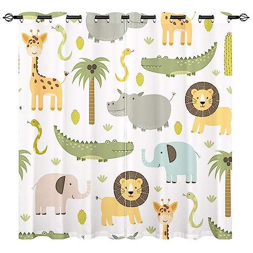 YUANZU Cortinas de animales, diseño de cocodrilo, león, elefante, jirafa, con ojales, opacas, térmicas, protección contra el frío, para habitación de los niños, dormitorio, ventana oscura, 2 unidades,