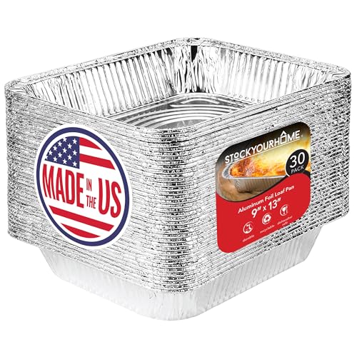 Stock Your Home Made in USA Aluminum Pans 9x13 Disposable Foil Pans (30 Pack) - Half Size Steam Table Deep Pans - Tin Foil Pans Great for Cooking, Heating, Storing, Prepping Food