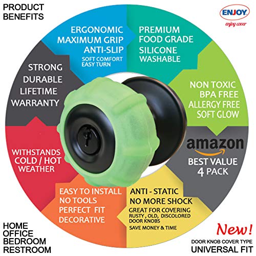 Enjoy Cover -Neon Green Silicone Door Knob Grips Soft Glow Maximum Grip - Arthritis & Senior Living Aids Grippy Easy Open Fits All Door Knob Universal Size Decorative 4 Pack #TOP4