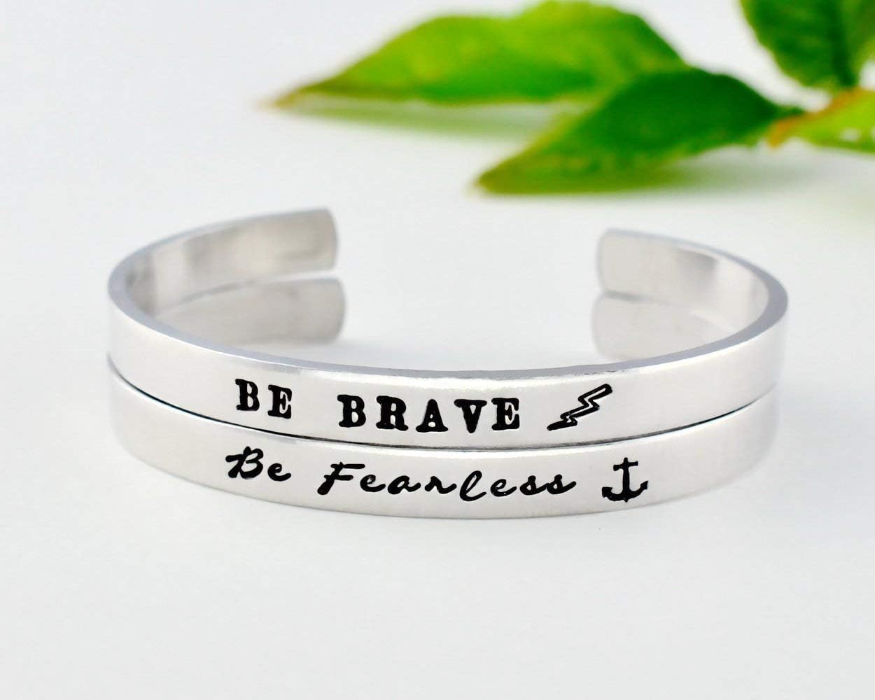 BE Brave/Be Fearless - Hand Stamped Aluminum Bracelets Set of 2, Motivational Inspirational Message Jewelry, Anchor Lightning, Best Friends BFF Gifts