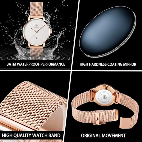 OLEVS Rose Gold Stainless Steel Ultra Slim Wrist Watches for Women - image 5