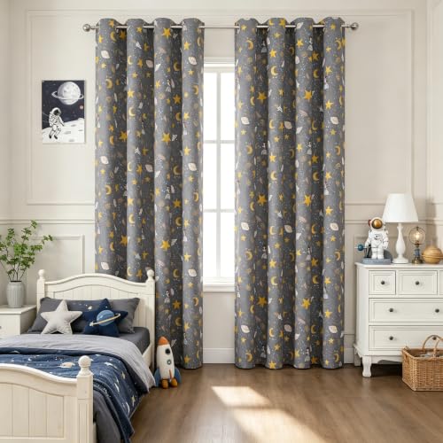 Image of Unicorn Planet Grey Room Darkening Curtains 84 Inch Length for Kids Bedroom