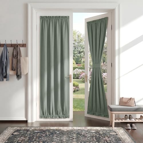 PONY DANCE Sega Green French Door Curtain - Privacy Blinds Thermal Insulated Covering for Patio, Glass, Front Door with Tieback, 54 x 72 inch, 1 Panel