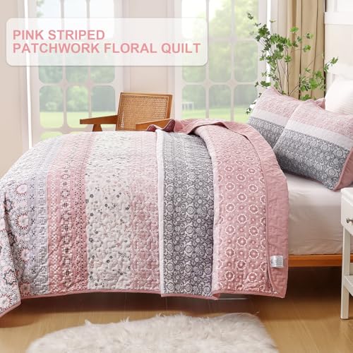 Parure de lit bohème microfibre légère patchwork floral rayé rose Queen