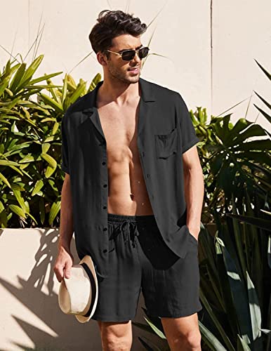 Chemise d'été homme en coton et lin respirant vêtement de plage noir léger confortable S - 5