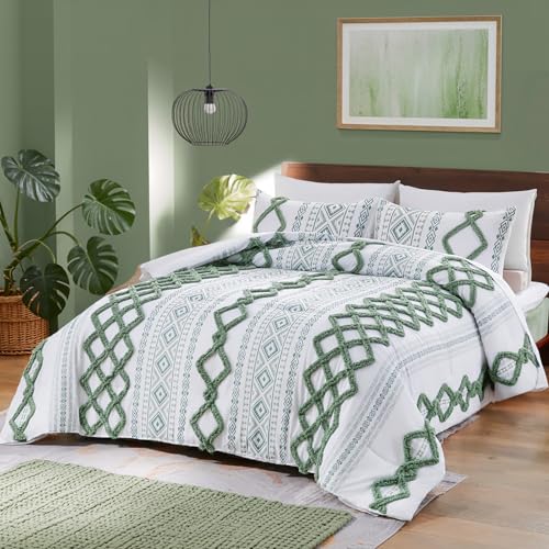 Image of MOVE OVER Green Tufted Comforter Set Queen Size 7 Pieces Bed in a Bag Boho Chic Aztec Comforter Set with Sheet Set Soft and Lightweight Farmhouse Ethnic Bedding Sets for All Seasons