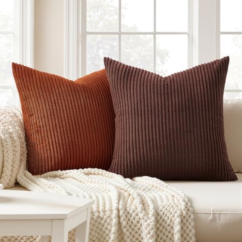Image of Topfinel Beige Brown Throw Pillow Covers Rustic Modern Soft Corduroy Striped Decorative Cushion Cover 16x16 Inch Gradient Farmhouse Pillow Case Set of 4 for Sofa Couch Living Room Bedroom