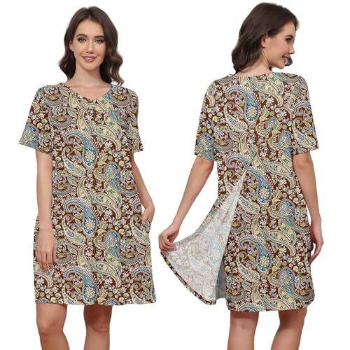 Image of Hospital Gowns for Women Open Back Tear Away Snap Post shoulder Dress Short Sleeve Soft Adaptive Clothing with Pockets