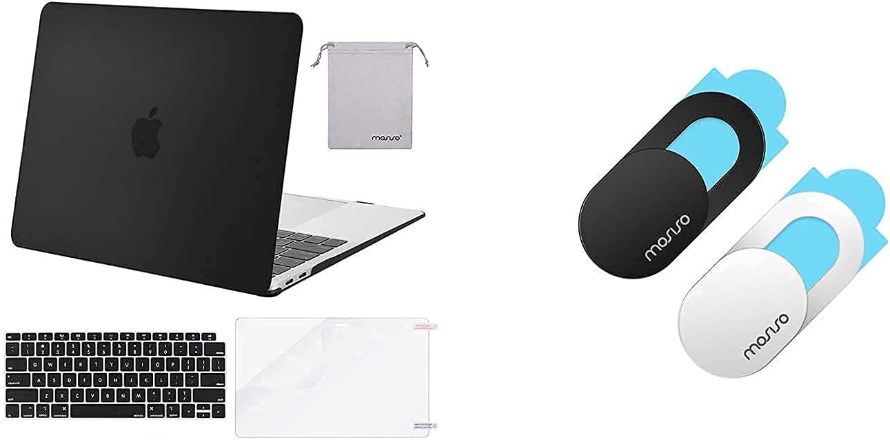 MOSISO Compatible with MacBook Air 13 inch Case 2022, 2021-2018 Release A2337 M1 A2179 A1932, Webcam Cover Slider(2 Pack)&Keyboard Cover&Screen Protector&Storage Bag, Black