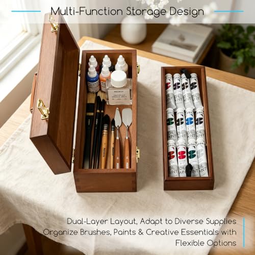 Image of MEEDEN Wooden Art Tool Storage Box: Portable Art Supplies Organizer Case | Beech Wood Toolbox with Handle Removable Tray for Brushes, Pencils, Erasers and DIY Craft Sewing Supplies