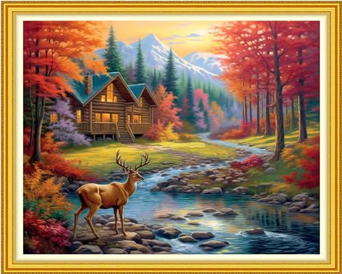 Image of Funxvoot Stamped Cross Stitch Kits Beginners Full Range of Embroidery Kits for Adults 11CT Embroidery Patterns Needlepoint Kits Printed Cross Stitch Kits-Elk Scenery 16x20 inch