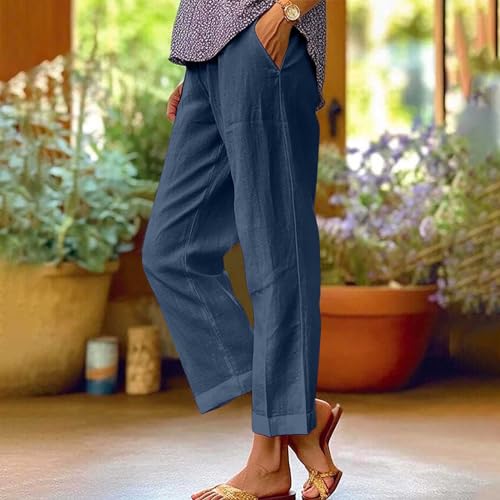 YRAETENM Cotton Linen Pants Women Elastic High Waisted Straight Leg Lounge Pants Casual Slacks Summer Trousers with Pockets2
