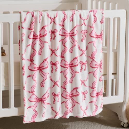 Pink Bow Baby Blankets for Girls-Soft Cute Fleece Baby Blanket-Fluffy Infant Newborn Toddler Receiving Blankets for Crib Stroller Pink Bow Decorate Festivals Birthdays 30x40 Inches