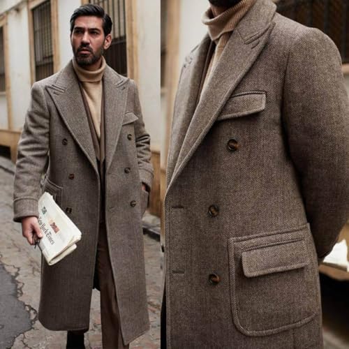 Men's Herringbone Wool Blend Trench Coat Knee Length Double Breasted, Peaked Lapel Regular Fit2
