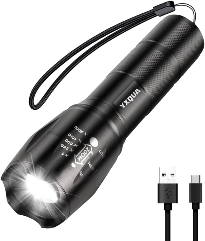 YXQUA USB Rechargeable Flashlights, 8381 High Lumens Lights, 3 Modes, Zoomable & Waterproof Super Bright Flash Light for Camping, Hiking, Emergency Hurricane