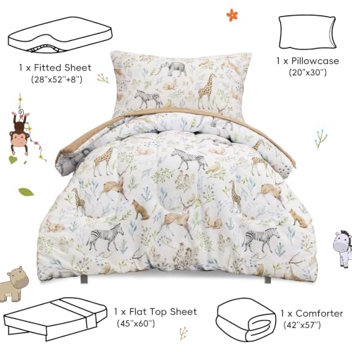 Image of PHF 4 Piece Toddler Bedding Set, Ultra Soft Toddler Comforter Sets Include Comforter, Fitted Sheet, Flat Top Sheet and Pillowcase for Boys Girls, Bed in a Bag forToddler Bedroom, Animal
