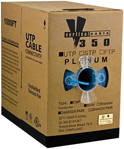 Vertical Cable CAT5E, 350 MHz, UTP, 24AWG, 8C Solid Bare Copper, Plenum, 1000ft, Blue, Bulk Ethernet Cable