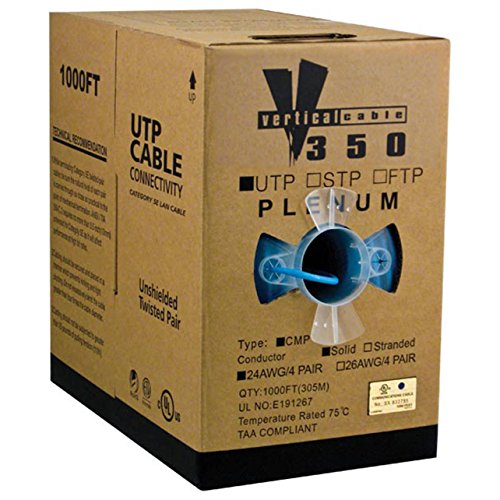 Vertical Cable Cat5E, 350 Mhz, Utp, 24Awg, 8C Solid Bare Copper, Plenum, 1000Ft, Blue, Bulk Ethernet Cable #TOP3