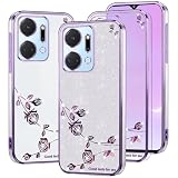 Kainevy Cover per Honor X7a Trasparente Glitter Floreale per Donne, Brillantini per Honor X7a Cover Silicone Morbido Bling Antiurto Protezione Case Sottile Rosa (Viola-Argento)