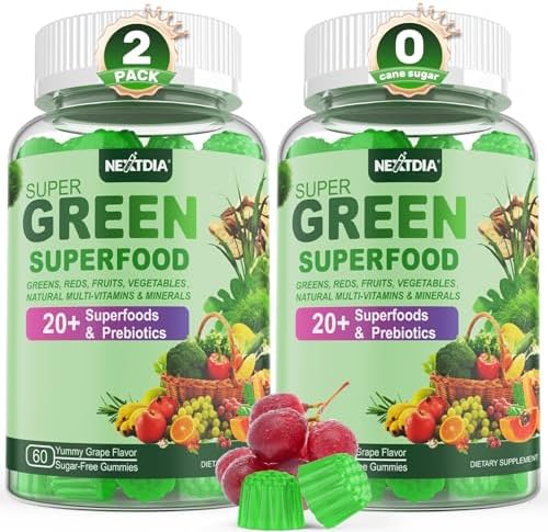 Super Greens Gummies, Daily Greens Superfood Fiber Gummies w/Spirulina, Chlorella, Prebiotic, Probiotic, Fruit Veggie, Vitamins & Minerals, for Digestive & Gut Health, Immunity, Focus & Energy, 120Cts