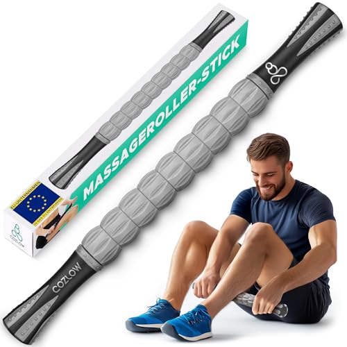 Muskelroller-Stick - Grau Schwarz - Körpermassagegerät mit 9 Rollen und Rutschfesten Griffen für Tiefengewebsmassage und Maximale Muskelregeneration - von Cozlow