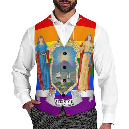 LGBTQ New York State Flag Casual Suit Vest for Men Formal Business Dress Regular Fit Waistcoat Tuxedo