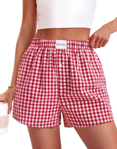 Women Plaid Shorts Boxer Shorts Bottoms For Summer Beach (Red Large)