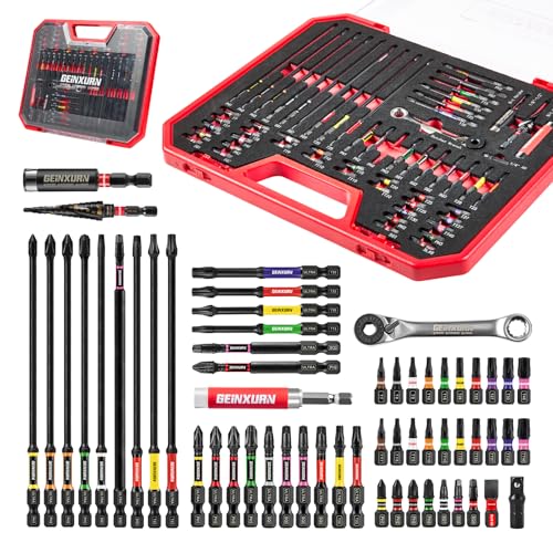 Geinxurn 58Pcs Screwdriver Bit Set Include Impact Screwdriver Bits,Mini Wrench,Step Drill, 1/4”Socket Adapter and Impact Bit Extension with Tool Box for Home Repairs DIY