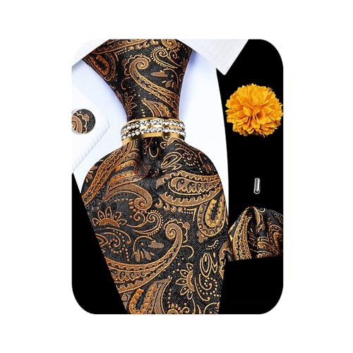 Image of 5PCS Tie and Pocket Square for Men, Silk Necktie and Handkerchief Cufflinks with Gold Ring and Lapel Pin Set