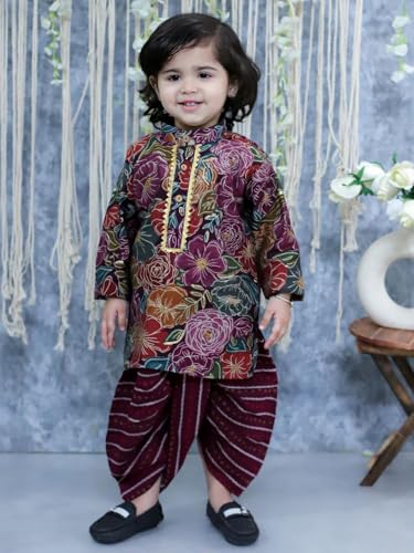 Image of BownBee Ethnic Wear Cotton Kurta Dhoti Traditional Dress Set for Baby Boys, Front Open with Dori Pattern, Full Sleeves, and Round neck, Ideal for All Festivals