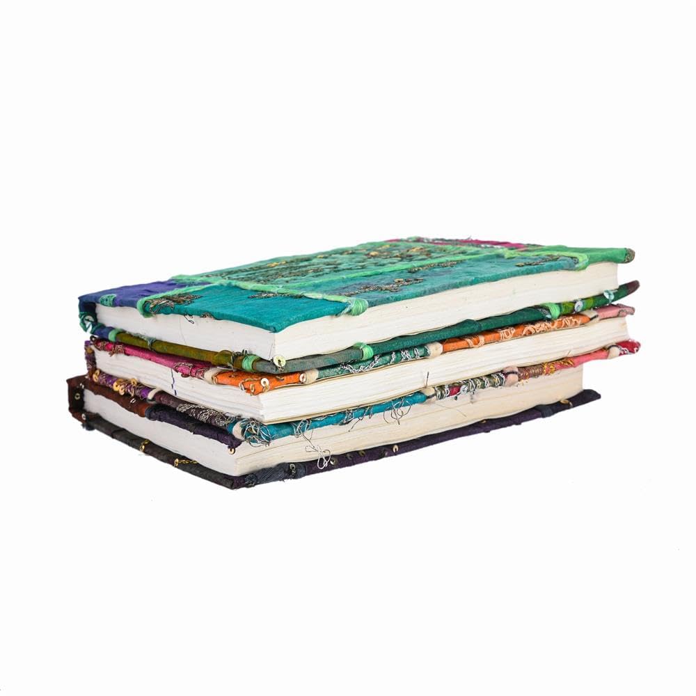 Arts & Crafts Ręcznie robiony papierowy dziennik w stylu vintage, boho, patchworkowa okładka, haftowany notatnik z cekinami i jari, pamiętnik, wyjątkowy prezent dla pisarzy i podróżników