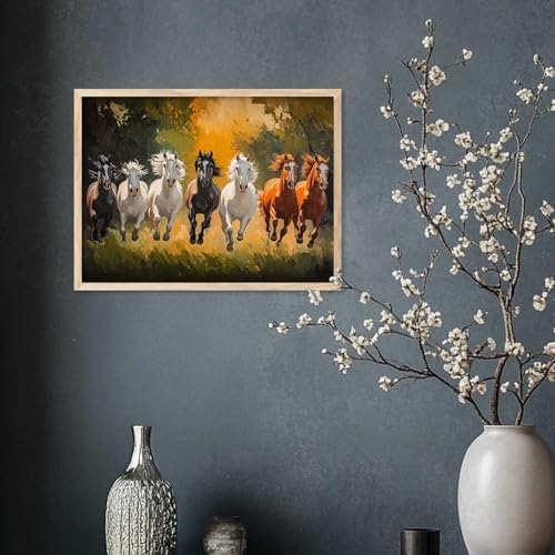 Image of HOTHOUSE Seven Running Vastu Lucky Horse Painting | 7 Horses Vastu Frame Wall Art Painting for Living Room Bedroom Office Home Decor Wall Decor Size (10X13 inch)