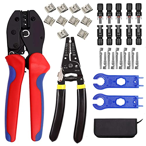 QeeHeng Kit de herramientas de engarzado conector de cable solar, 1 engarzador, 1 pelacables, 5 pares de conectores de panel solar macho/hembra, 2 llaves rectas, 35 piezas