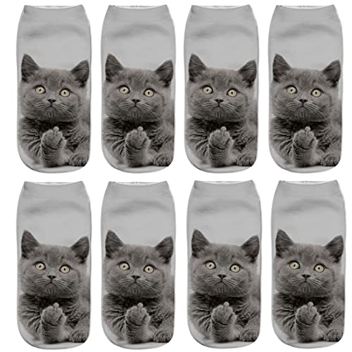 Ykesong 4 paires 3D Femmes Chat Chaussettes Courtes Motif , Impression Chaussettes Femme Fantaisie, Taille Unique EU 35-40 pour Jogging Décontracté Fitness Yoga (Gris) Cover