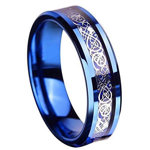 8mm Tungsten Carbide Ring Silvering Celtic Dragon Blue Carbon Fibre Inlay Wedding Band Size 6-13 (10, Blue)