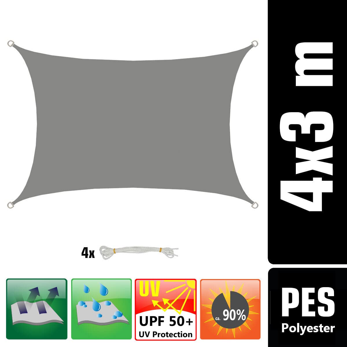 AMANKA 3x4 Vela Solare Rettangolare Impermeabile - Tenda da Sole a Rettangolo con Fissaggio Inox