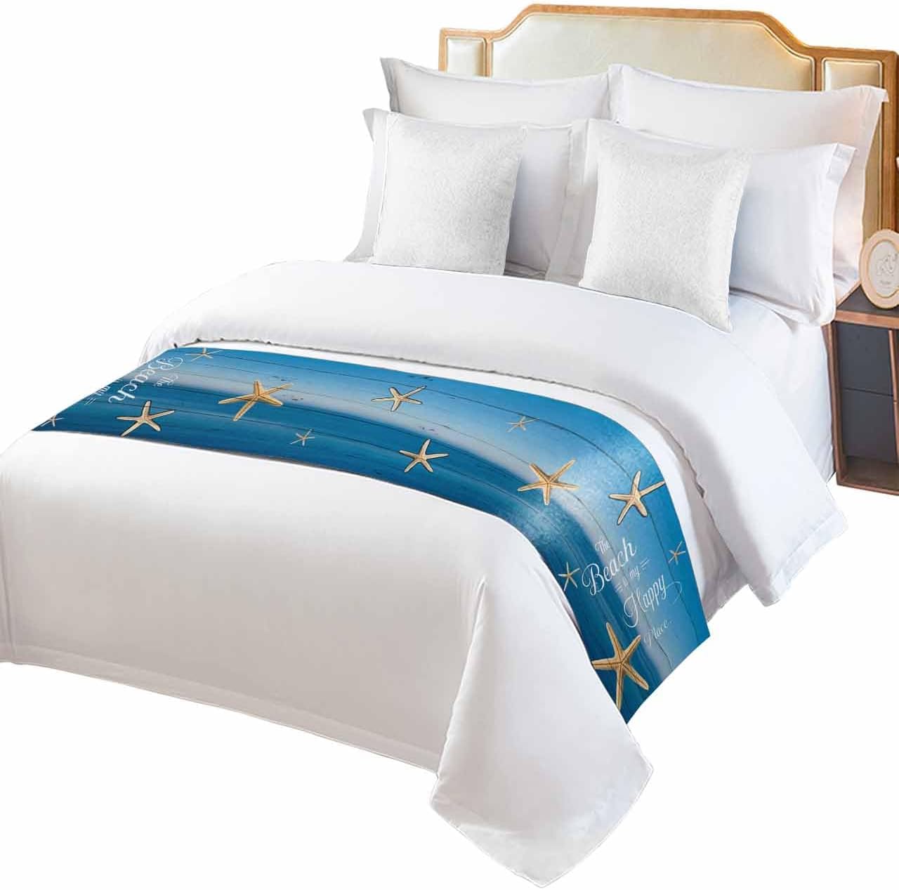 King Bed Runner,Nautical Beach Ocean Starfish Bedding Runner Scarves Decorative Bed Scarf,Blue Gradient Wood Board Soft Bed Runners for Bedroom Hotel Wedding 102x20in