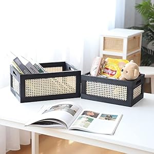 Wood Baskets, Rattan Storage Baskets for Organizing, Black, Set of 2 Wood Baskets Rattan Storage Baskets for Organizing Black Set of 2